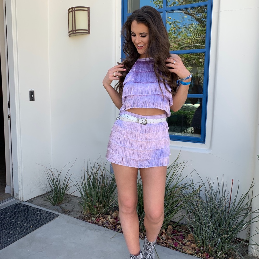 Metallic Purple Fringe Halter Top with Shorts Set